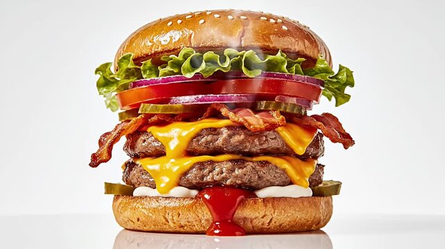 Delicious double bacon cheeseburger with fresh toppings on white background
