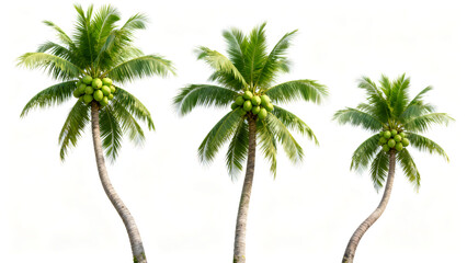 Obraz premium imager Three vibrant green coconut palm trees with ripe coconuts, tropical summer vacation concept isolated on White Background background
