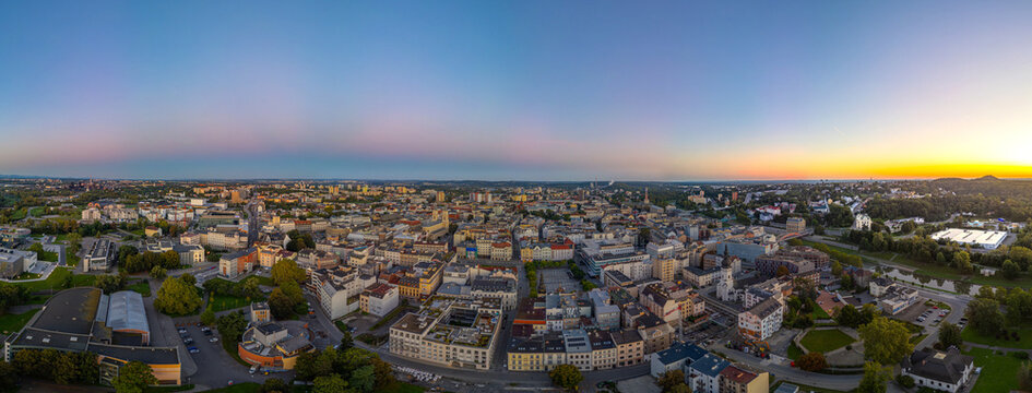Panorama view of city center of Ostrava during sunrise, Czech re