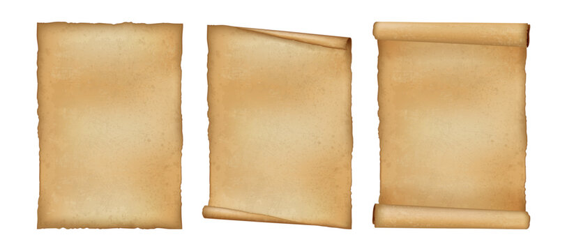 Set of aged paper sheets with worn edges and vintage texture isolated on transparent background. Realistic vector illustration of antique parchment for design, history themes and layouts