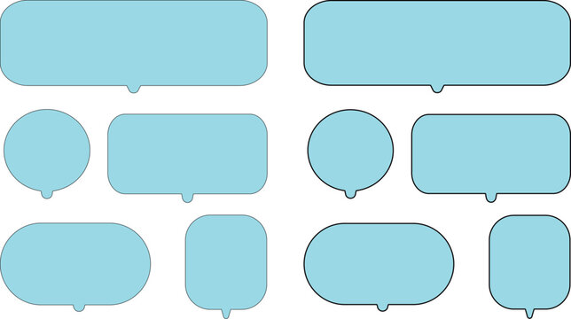 Collection of various light blue speech and thought bubbles on transparent background..A versatile collection of ten bright sky blue speech bubbles in various shapes, including rounded rectangles,.