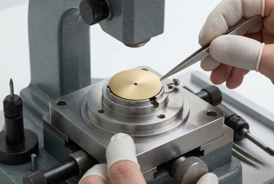 Watchmaker wearing finger cots using tweezers to assemble a brass dial on a precision setting press