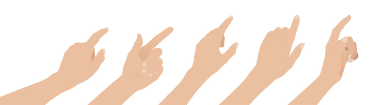 Set of human hands in different poses pressing buttons or touching surfaces. Flat vector illustration isolated on transparent background for interface, technology and design concepts