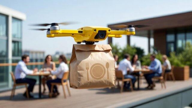 Drone Delivering Catering Lunch on Rooftop for Business Meeting
