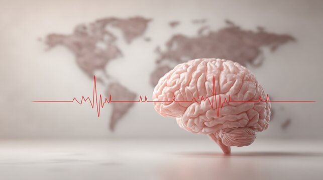A human brain model with a red ECG line on a white surface with a world map