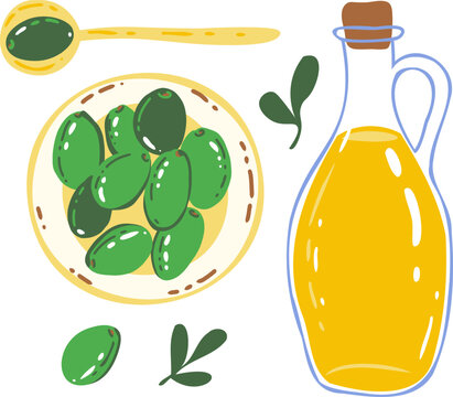Olive Oil Bottle with Green Olives in Bowl and Spoon, Mediterranean Healthy Food Illustration, Flat Vector Cartoon Style Cooking Ingredient Concept for Kitchen, Diet and Organic Lifestyle