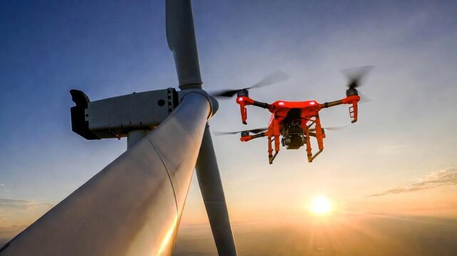 Inspection Drone Flying Close to Wind Turbine Blade at Sunset