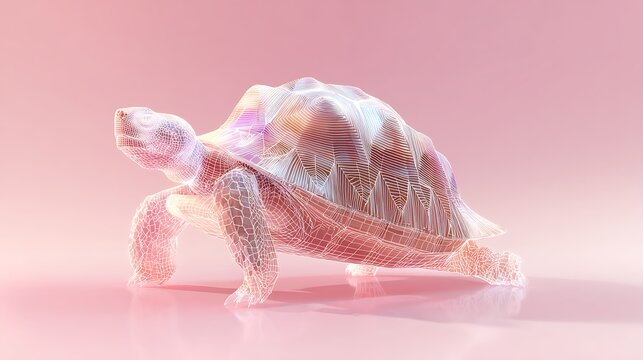 A wireframe turtle sculpture with a pink background and a reflective surface