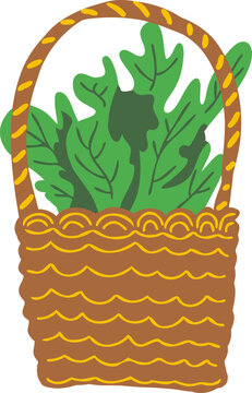Wicker Basket with Fresh Green Vegetables, Organic Farm Harvest Illustration, Flat Vector Cartoon Style Healthy Food Concept for Grocery, Market, Cooking and Eco Lifestyle Design