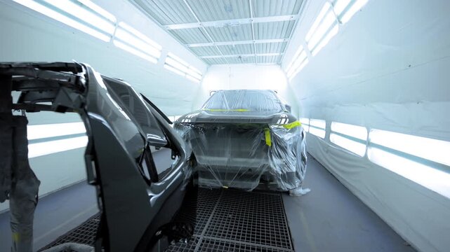 Freshly painted black car inside professional automotive paint booth with bright lights. Wide Move camera view