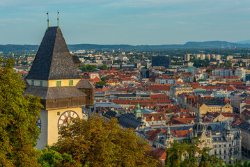 Obraz premium Panorama view of Graz in Austria with famous clock tower
