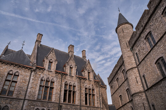 The rugged stone exterior and turrets of the Castle of Gerald the Devil - Ghent, Belgium
