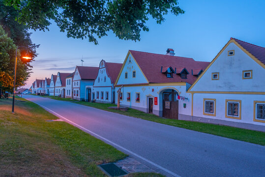 Sunset view of traditional south Bohemian village Holasovice, Cz