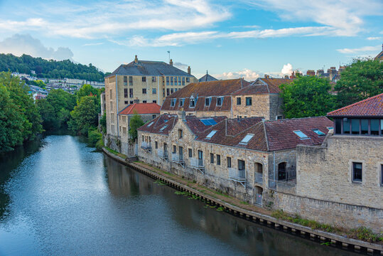 Sunset view of riverside of Avon in Bath, England