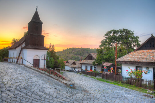 Sunset view of St. Martin's Church in Holloko in Hungary