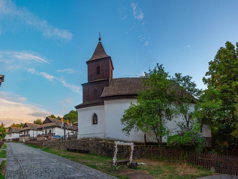 Sunset view of St. Martin's Church in Holloko in Hungary