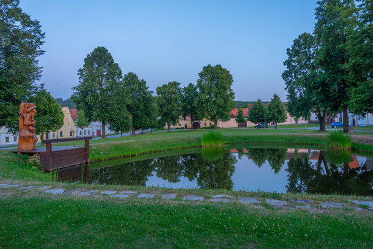 Sunset view of traditional south Bohemian village Holasovice, Cz