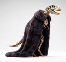 Fototapeta premium Fossil, but glamorous! This T-Rex skeleton proves that style survives extinction, flaunting prehistoric haute couture in a luxurious fur coat.