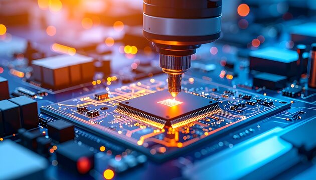 レーザー装置が電子基板上で精密加工を行うハイテク工場の最先端製造シーン