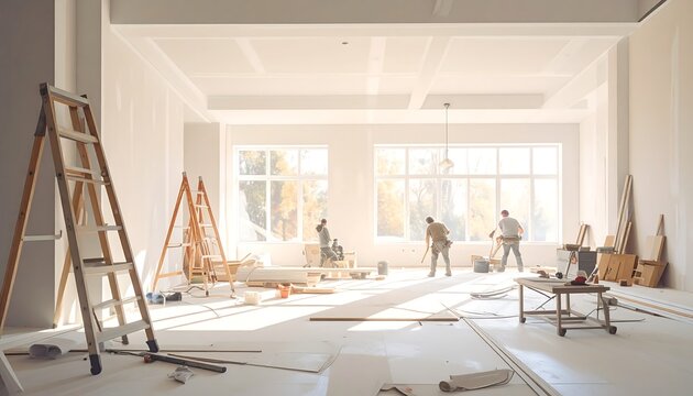 改装中の明るい室内で作業員が工具を使い内装工事を進める建築現場の様子