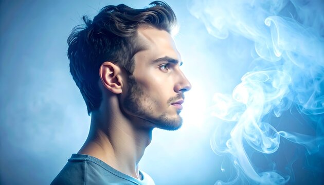 煙に包まれた男性の横顔が柔らかな光で照らされる静かな雰囲気の人物写真