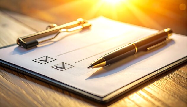 ペンとチェックリストが並ぶ書類の上でタスク管理を示すビジネスシーンの表現
