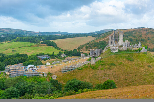 View of Corfe castle during a cloudy day, England