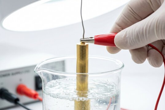 Scientist or jeweler setting up an electroplating process with a brass cylinder in a chemical beaker