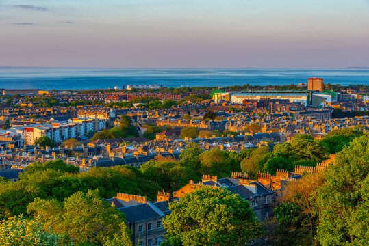 Sunset aerial view of harbour district of Edinburgh, Scotland