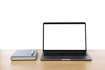 Fototapeta premium Stylish workplace with laptop, notebook and pen on wooden against white background