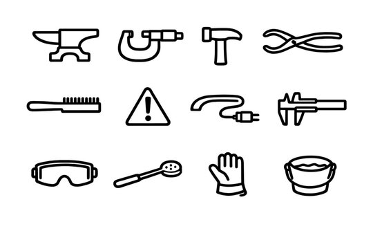Black line icons of metalworking tools including anvil hammer tongs micrometer caliper safety goggles and protective glove on white
