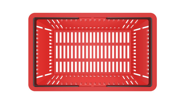 Empty Plastic shopping basket. Red store empty basket. Supermarket shopping cart. Top view.