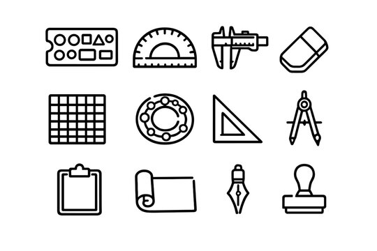 Engineering and drafting tools icons set including protractor caliper compass and blueprint for technical design and architecture projects