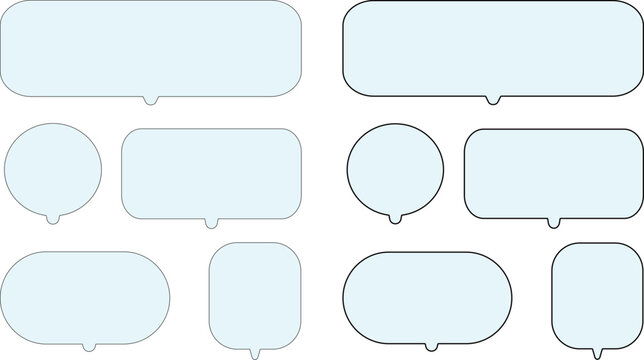 Collection of various light blue speech and thought bubbles on transparent background..A versatile collection of ten bright sky blue speech bubbles in various shapes, including rounded rectangles,.