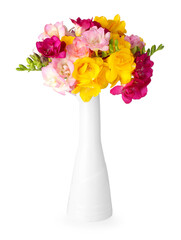 Obraz premium Beautiful freesia flowers in vase isolated on white