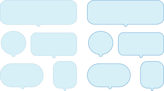 Collection of various light blue speech and thought bubbles on transparent background..A versatile collection of ten bright sky blue speech bubbles in various shapes, including rounded rectangles,.