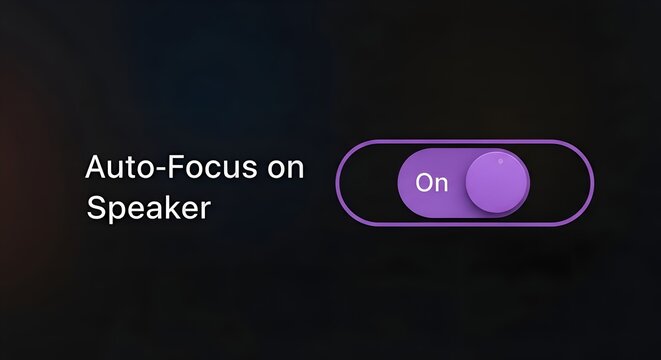 Autofocus Switch Interface Element for a Digital Media Player Application with a Purple Toggle Set to the Active on Position for Speaker Tracking