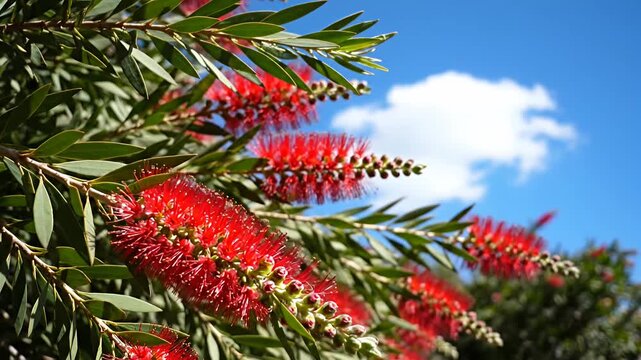 Vibrant red Bottlebrush flowers blooming against clear blue sky