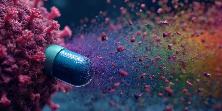 Colorful pill destroying pathogens in 3D, concept of treatment, immunity support, and advanced healthcare innovation