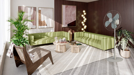 Large illustration 3D rendering luxury modern bright interiors Living room mockup with Couch and...