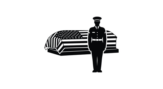 Vector illustration of a military officer standing beside a draped casket