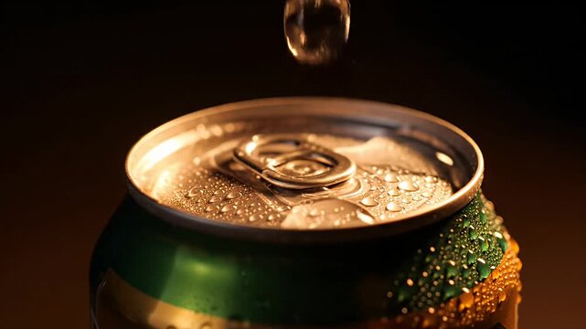 Wet cold beverage can top with condensation and pull tab