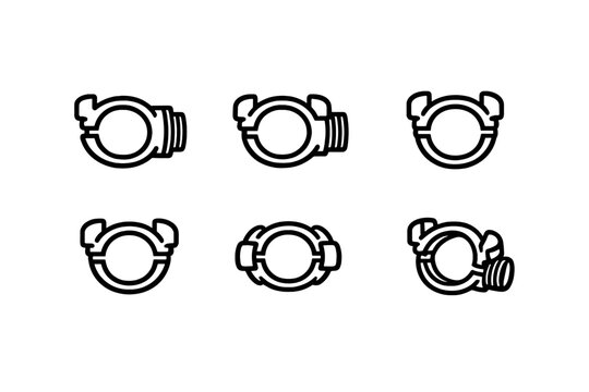 Set of industrial air hose coupling icons for pneumatic systems and pipe connection hardware isolated on white background
