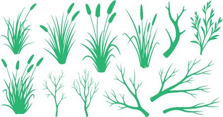 Fototapeta premium Botanical Plant Silhouette Vector Pack – Wild Grass Branch Minimal Icons