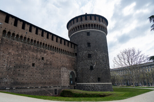 Round defensive tower of Sforza Castle in Milan, Italy