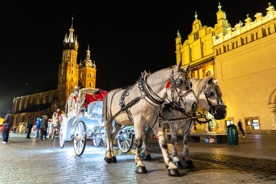 Horse carriages in Krakow at night day, Poland