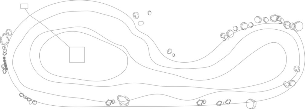 Technical landscape plan view showing curvilinear pathway or water feature with contour lines, rectangular elements and circular tree planting details.