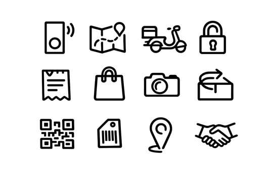 Set of delivery and e-commerce line icons including map pin scooter camera padlock qr code and handshake for business and logistics