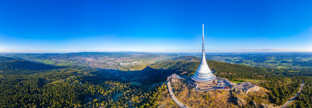 Aerial view of Jested tower during a sunny day near Liberec, Cze