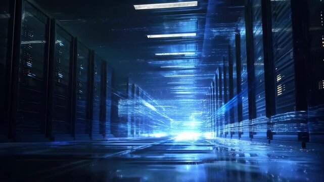 Futuristic server room with glowing blue digital data streams